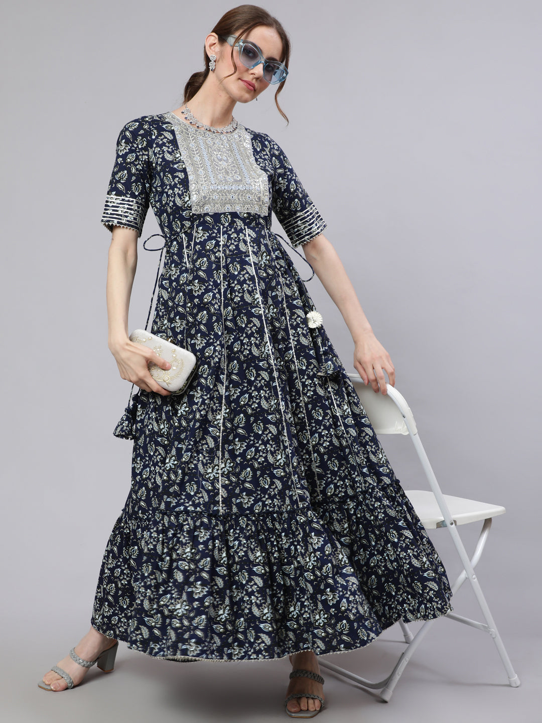 Navy Blue Floral Printed Maxi Dress