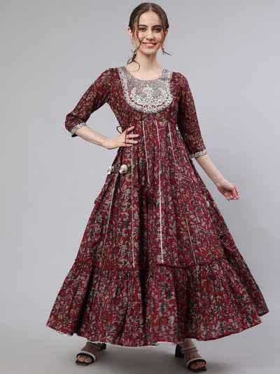 Maroon Floral Print Maxi Dress