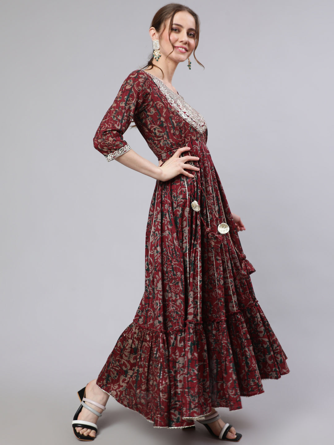 Maroon Floral Print Maxi Dress