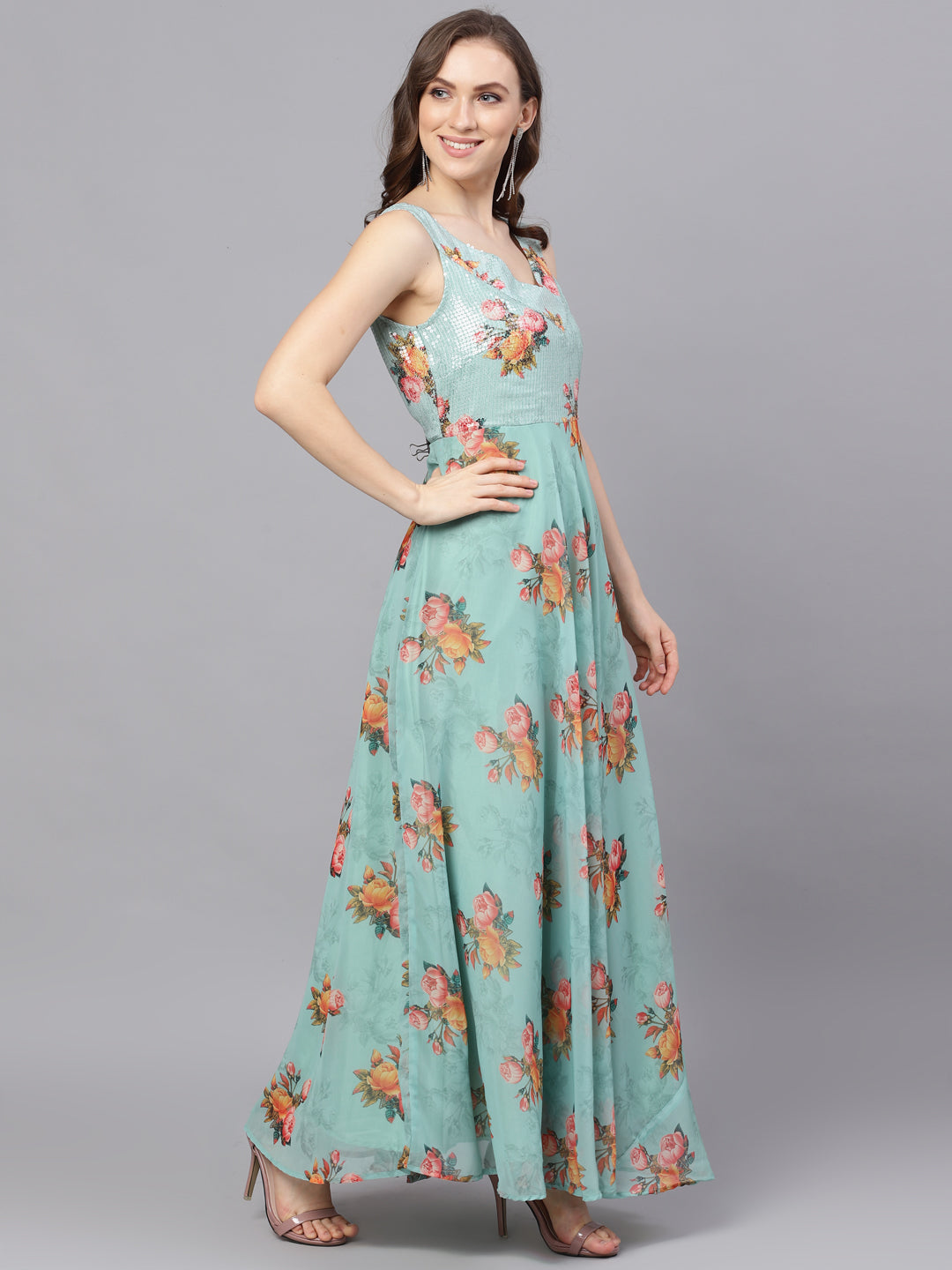 Green Floral Print V-Neck Gown Dress