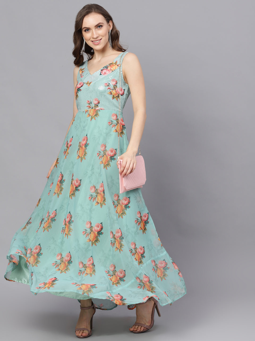 Green Floral Print V-Neck Gown Dress