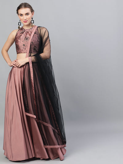 Mauve Flock Print Lehenga Choli With Dupatta