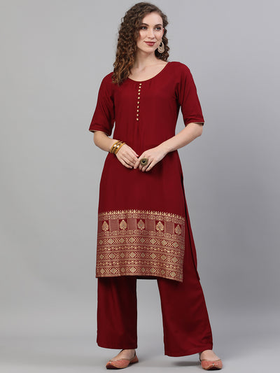 Maroon Gold Printed Kurta With Palazzo