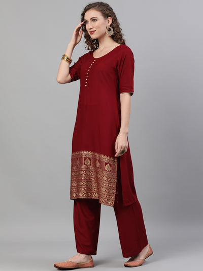 Maroon Gold Printed Kurta With Palazzo