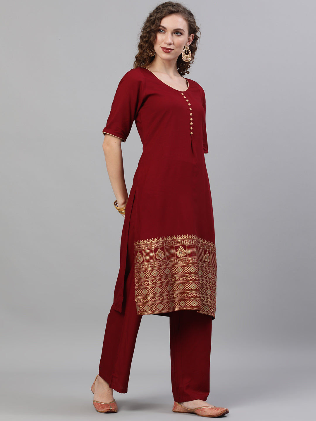 Maroon Gold Printed Kurta With Palazzo