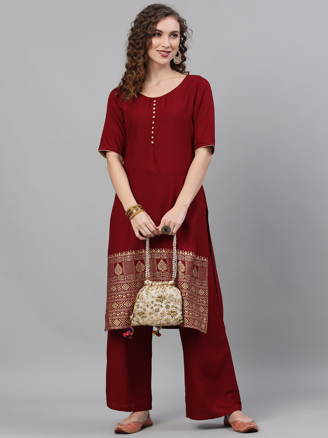 Maroon Gold Printed Kurta With Palazzo