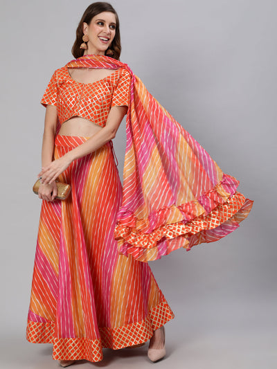 Orange Leheriya Print Lehenga Choli With Dupatta