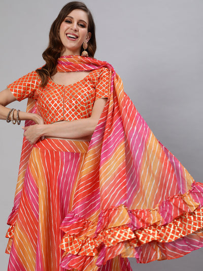 Orange Leheriya Lehenga Choli Mother Daughter Combo