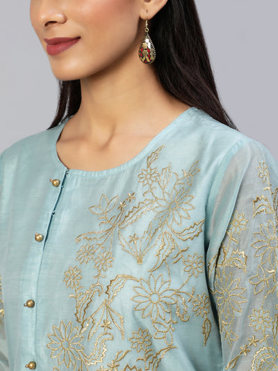 Chanderi suit set with golden zari embroidery