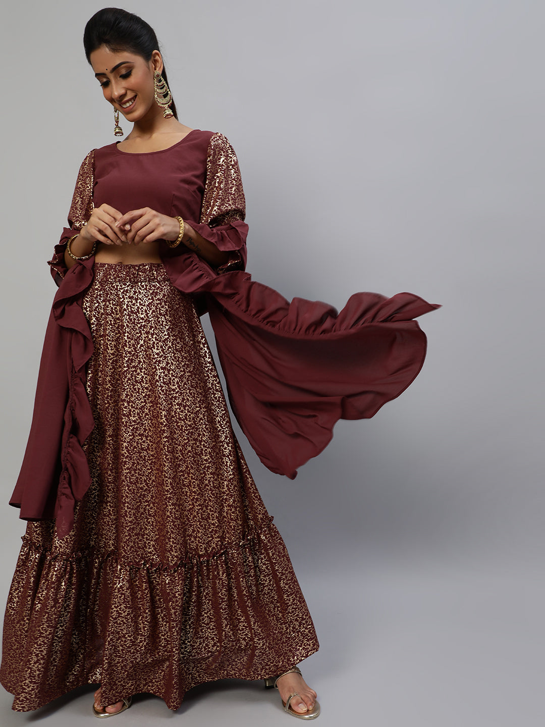 Burgundy Foil Printed Lehenga Choli With Dupatta