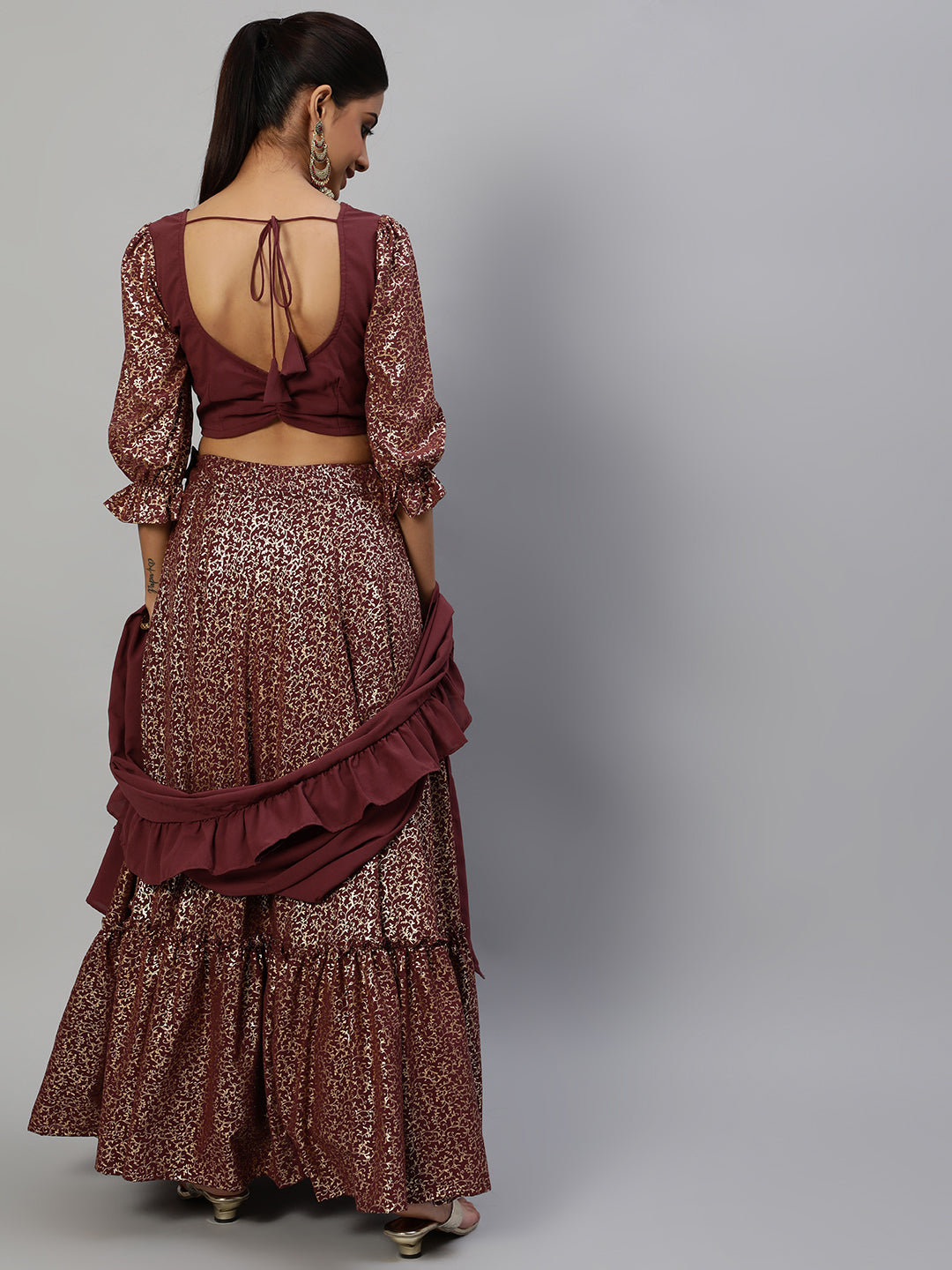 Burgundy Foil Printed Lehenga Choli With Dupatta