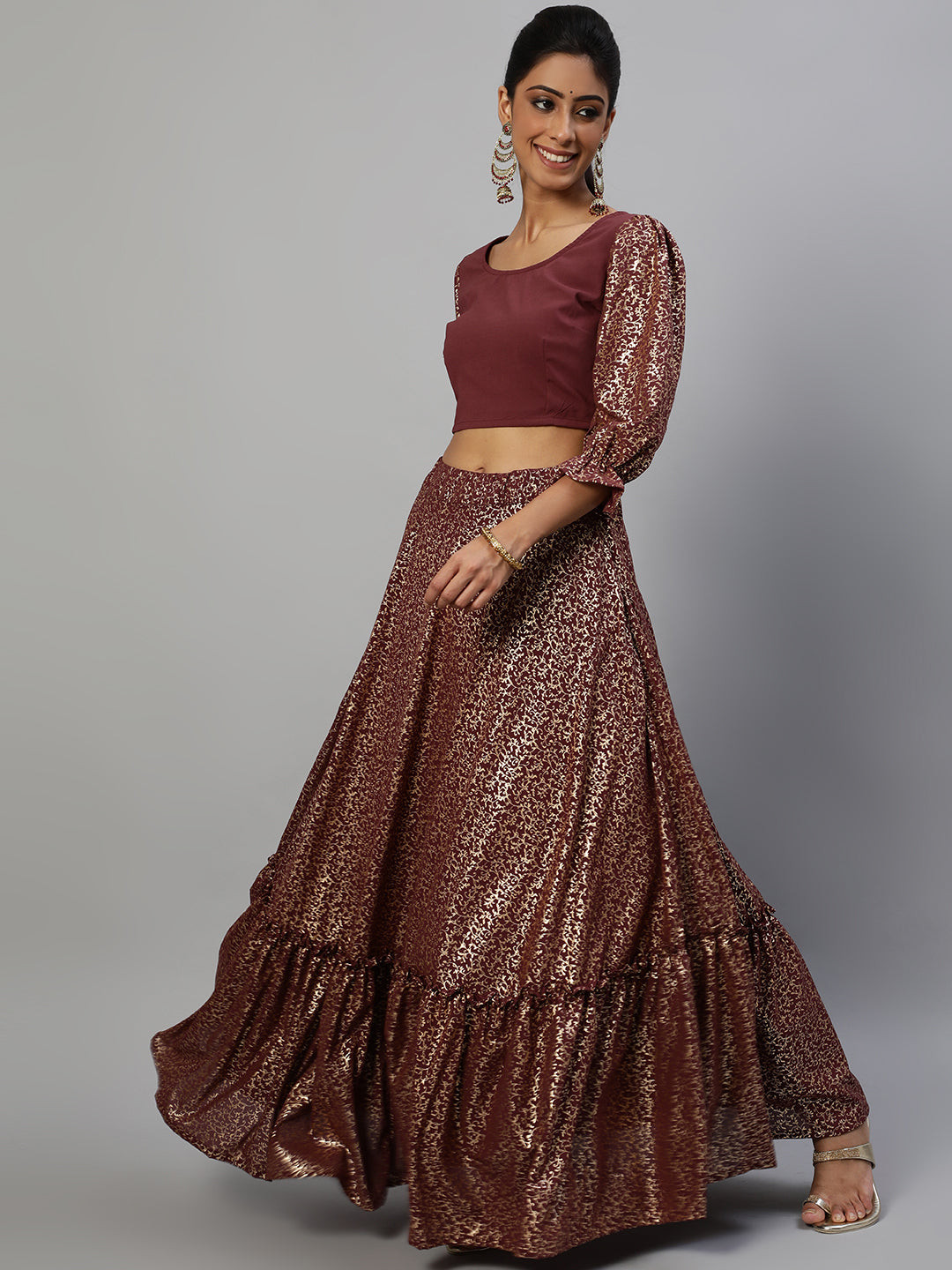 Burgundy Foil Printed Lehenga Choli With Dupatta