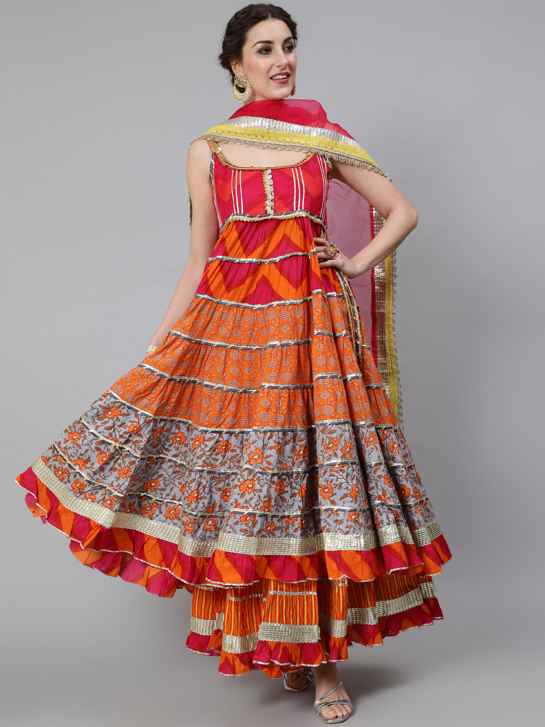 Orange Embellished Anarkali Skirt With Dupatta