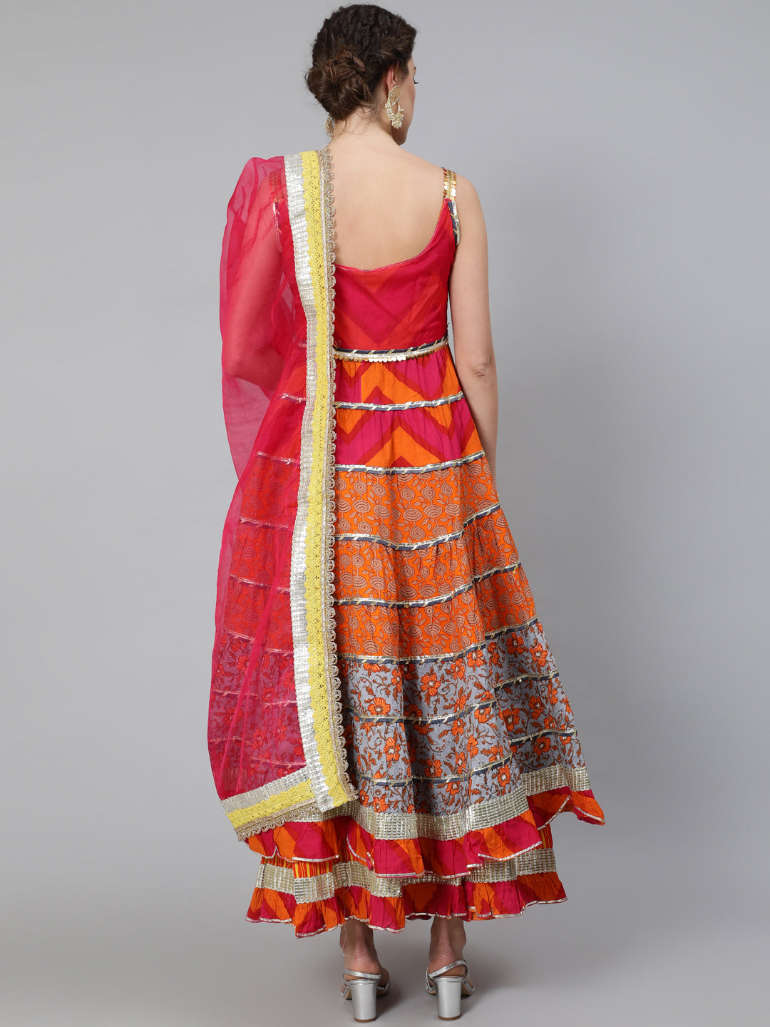Orange Embellished Anarkali Skirt With Dupatta