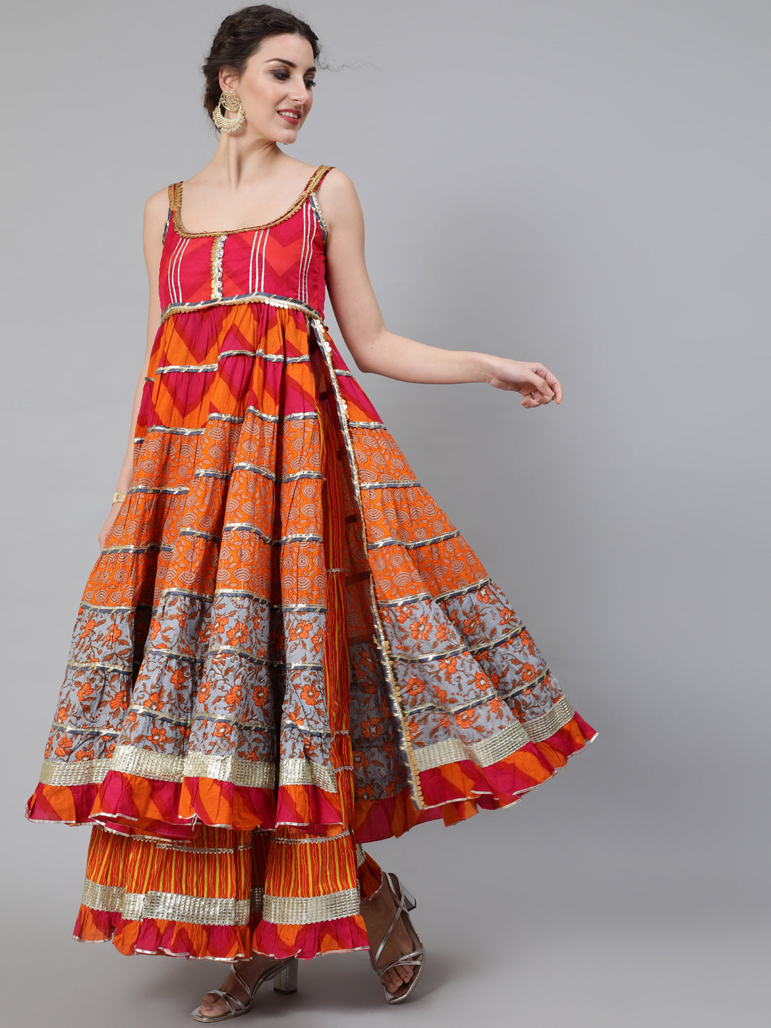 Orange Embellished Anarkali Skirt With Dupatta