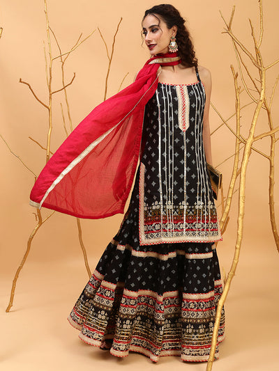 Black Printed Kurta Sharara With Dupatta