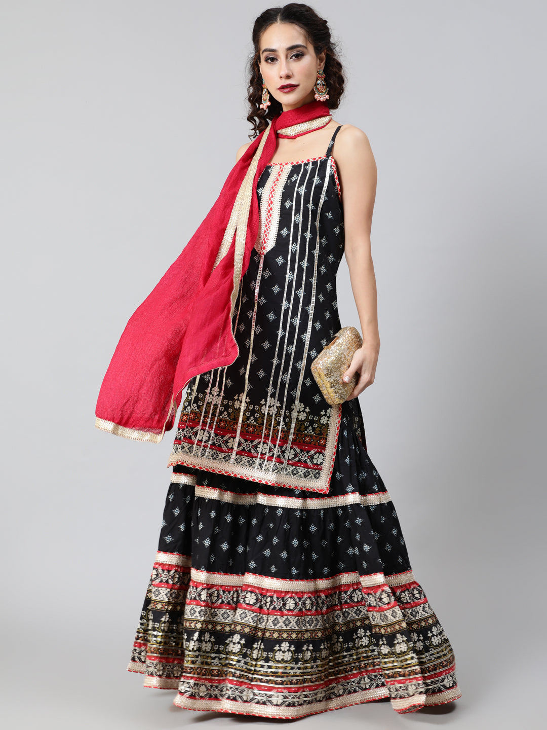 Black Printed Kurta Sharara With Dupatta