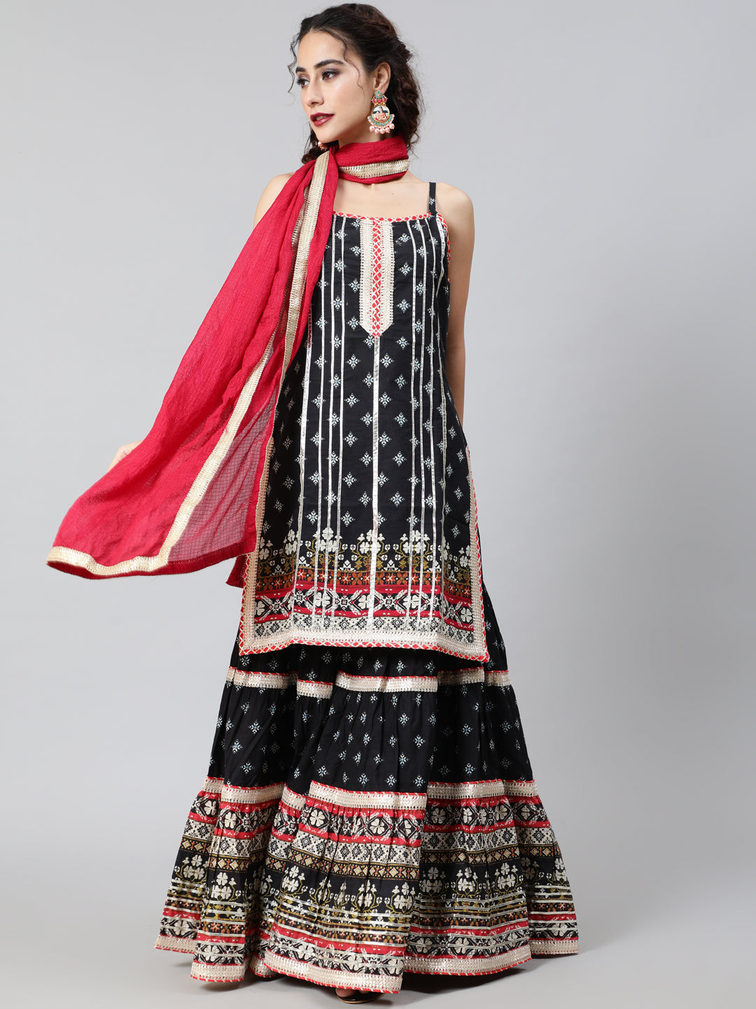 Black Printed Kurta Sharara With Dupatta