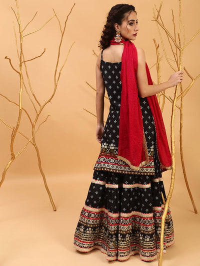 Black Printed Kurta Sharara With Dupatta