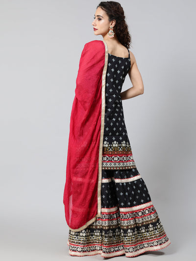 Black Printed Kurta Sharara With Dupatta