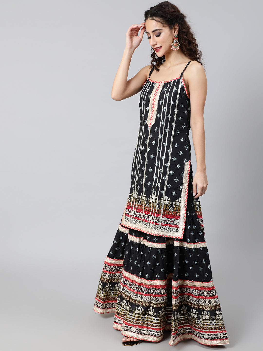 Black Printed Kurta Sharara With Dupatta