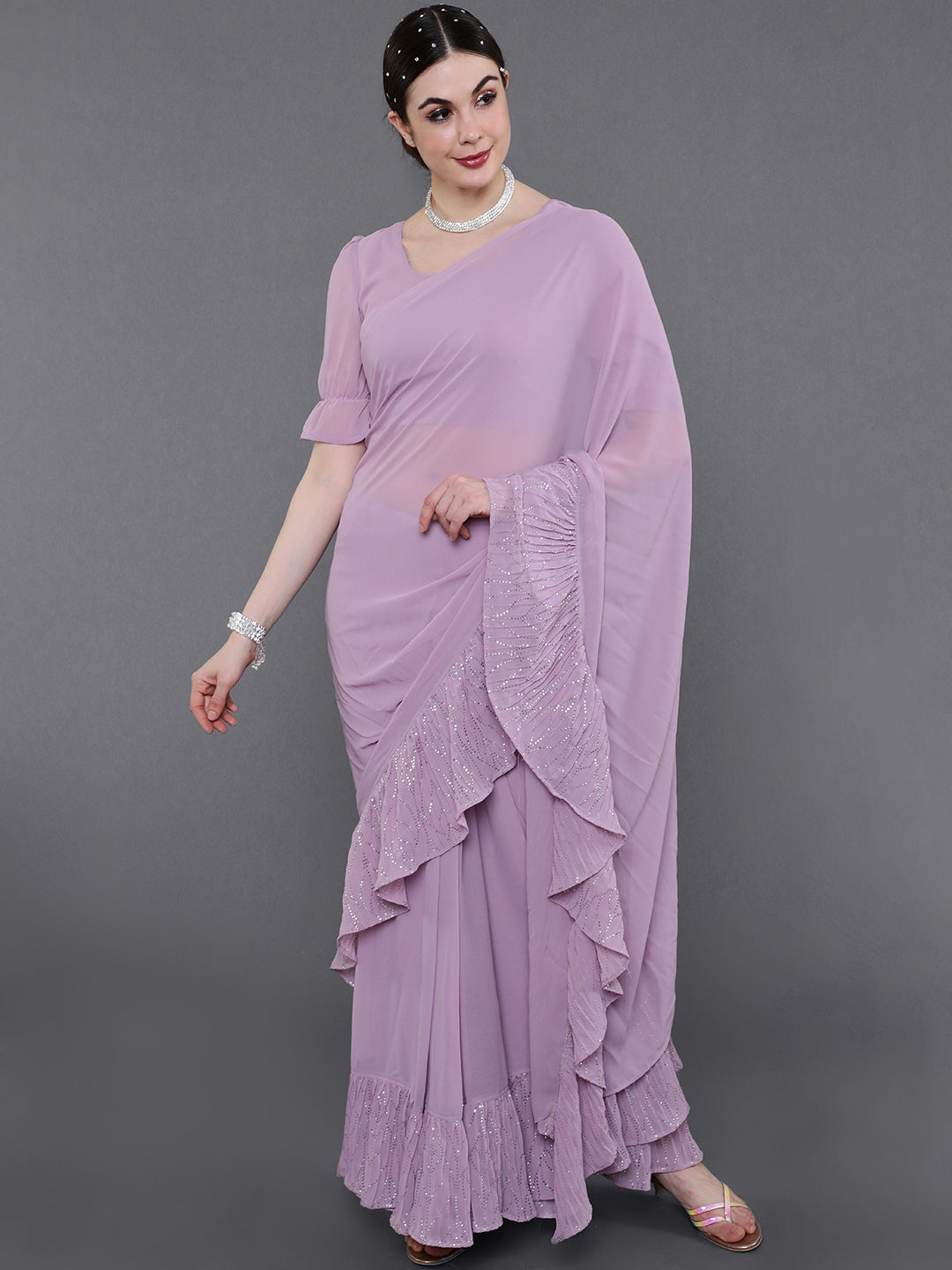 Lavender Embellished Pre-Stitched Saree With Ruffle Accent