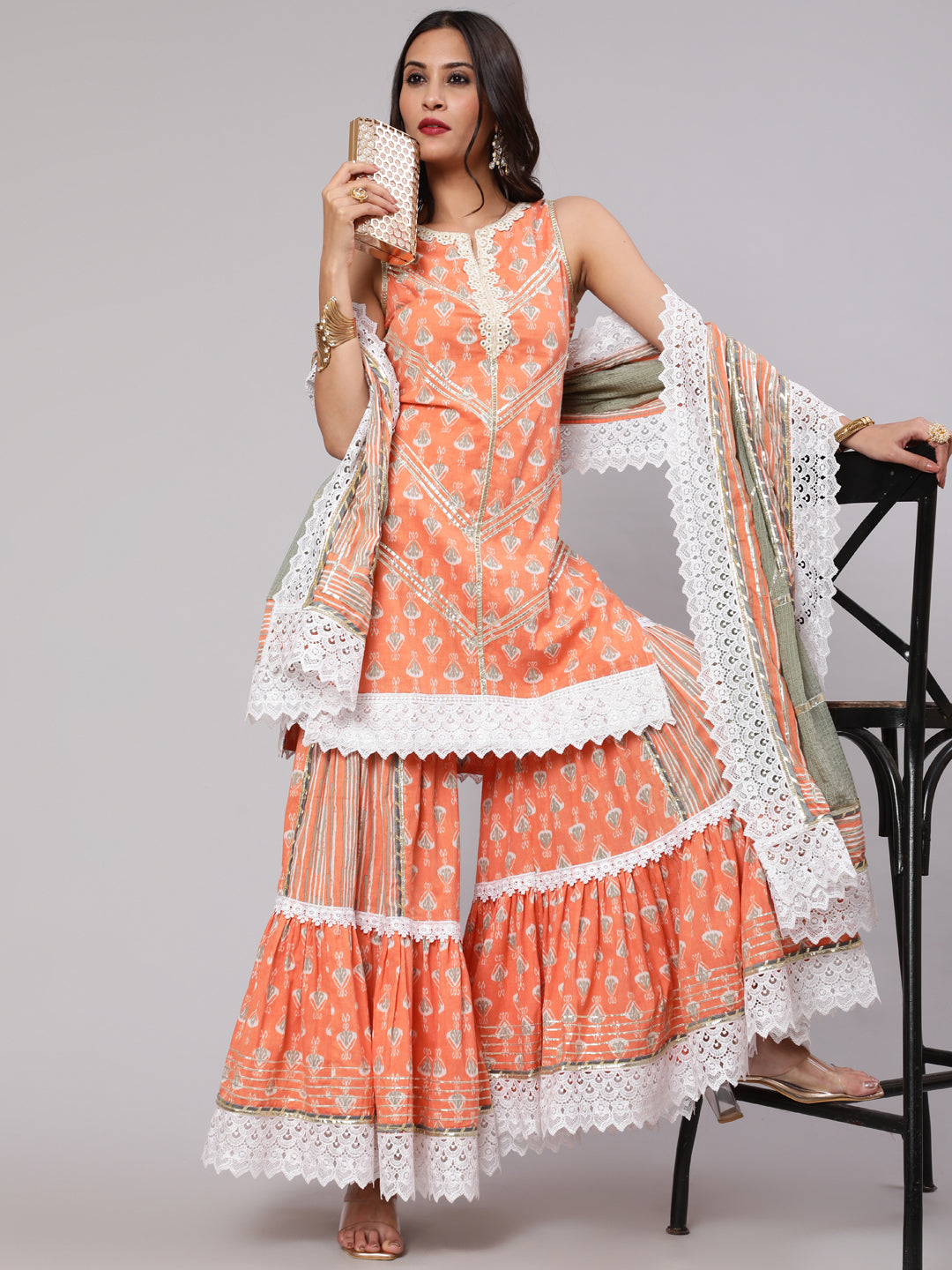 Peach Printed Kurta Sharara With Dupatta