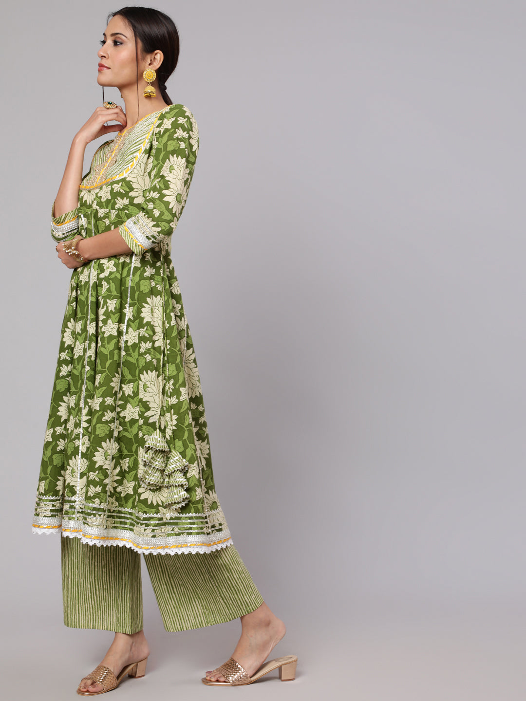 Green Floral Print Anarkali Palazzo With Dupatta