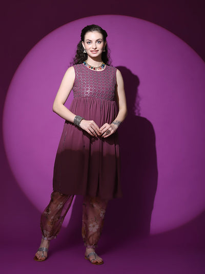 Burgundy Mirror Work Kurta With Balloon Palazzo