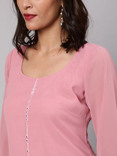 Pink Embroidered Mirror Work Kurta With Palazzo