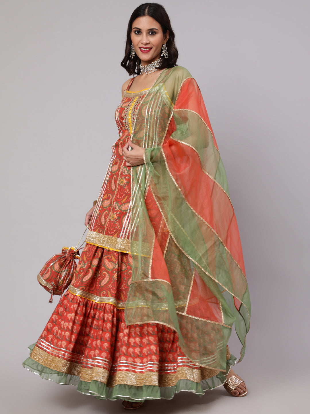 Red Floral Print Kurta Skirt With Dupatta & Potali Bag