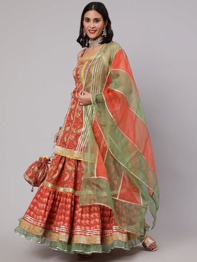 Red Floral Print Kurta Skirt With Dupatta & Potali Bag