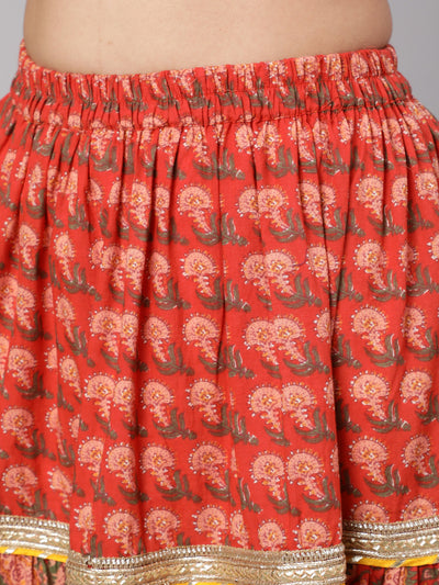 Red Floral Print Kurta Skirt With Dupatta & Potali Bag