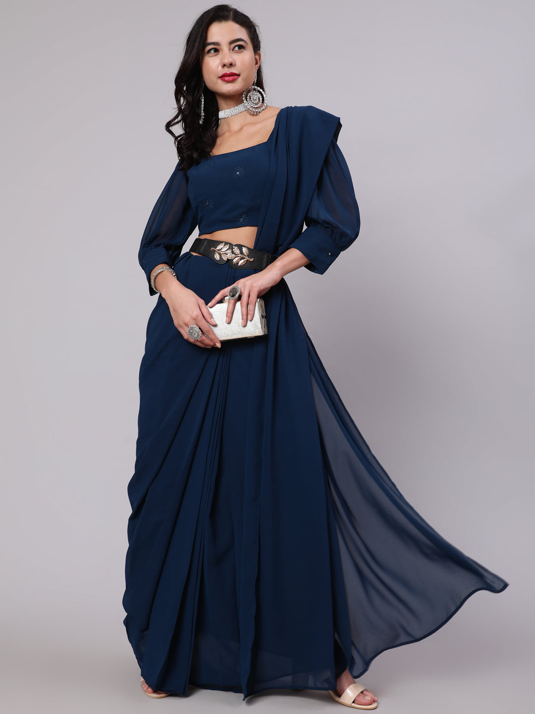 Blue Pre-Pleated Saree With Embroidered Blouse