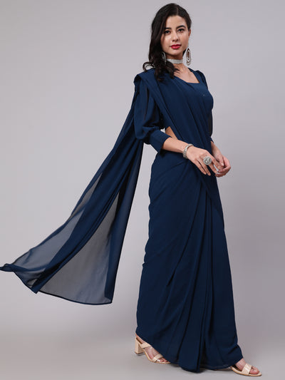 Blue Pre-Pleated Saree With Embroidered Blouse