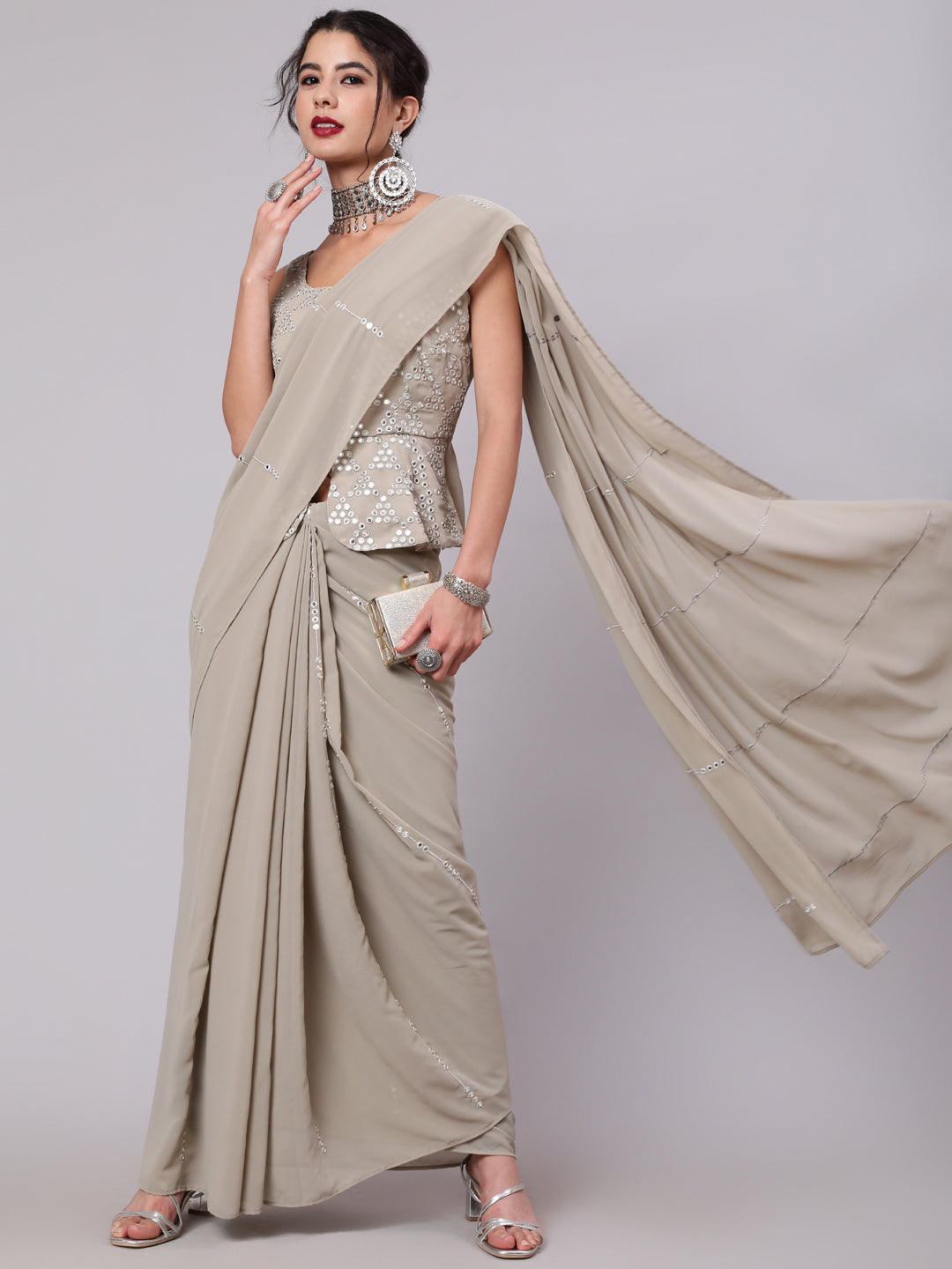 Beige Mirror Work Saree With Blouse