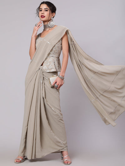 Beige Mirror Work Saree With Blouse