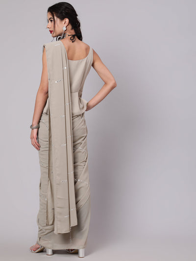 Beige Mirror Work Saree With Blouse