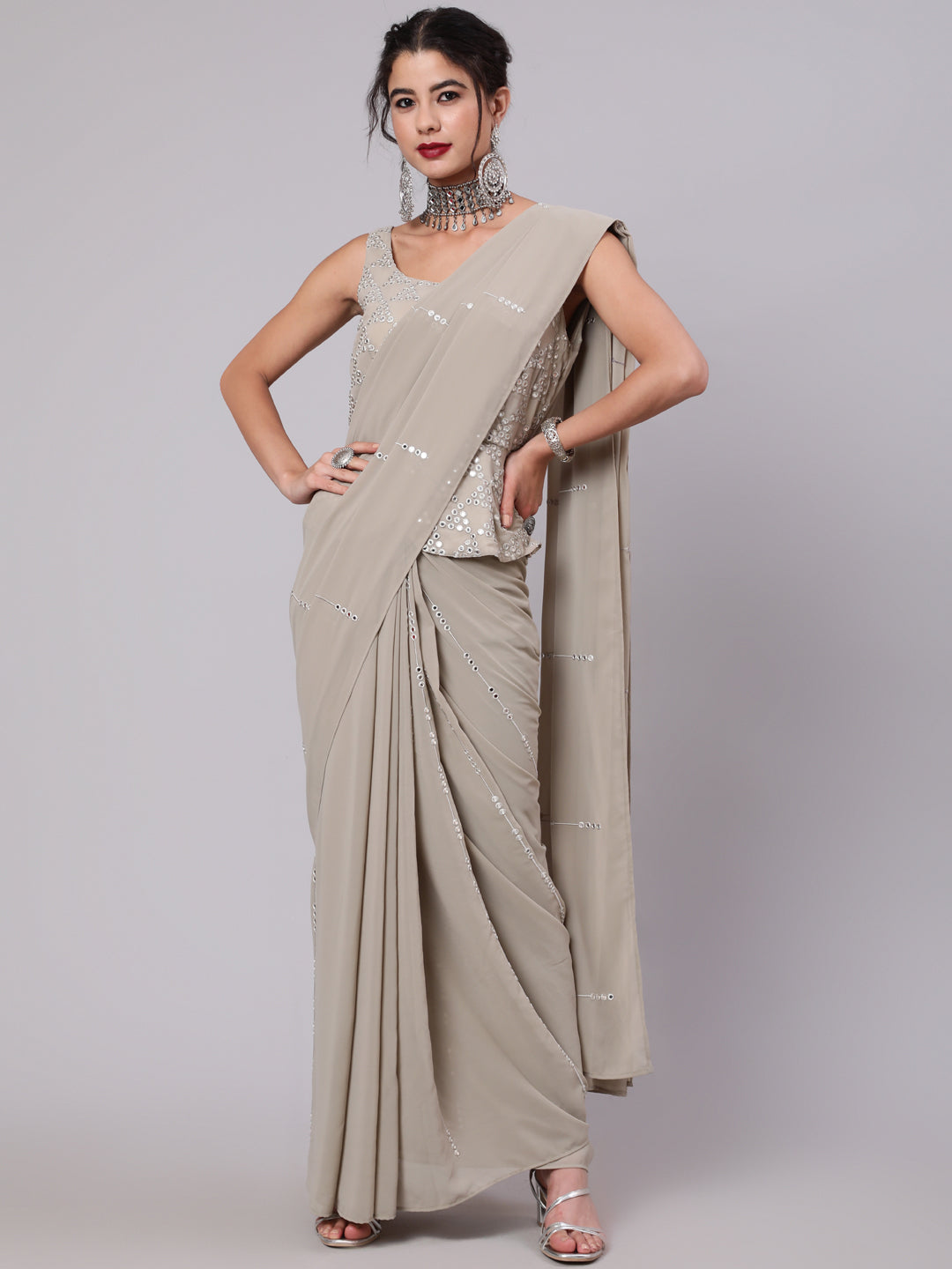 Beige Mirror Work Saree With Blouse