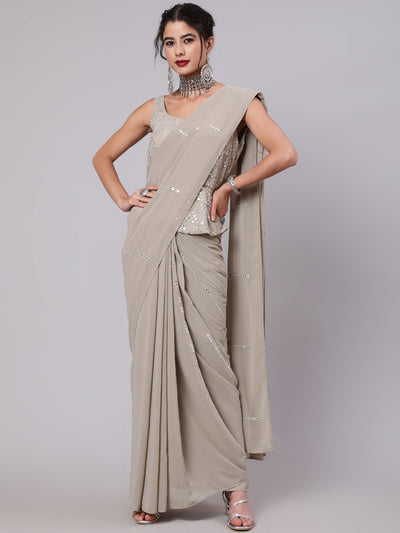 Beige Mirror Work Saree With Blouse