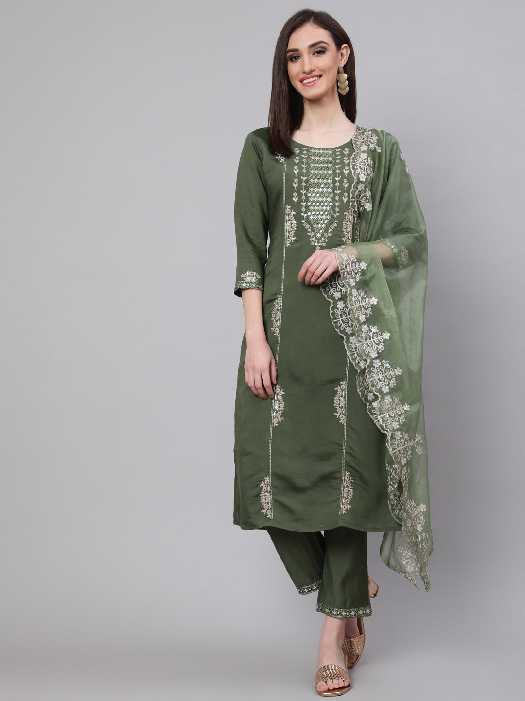 Green Embroidered Kurta Pant With Dupatta