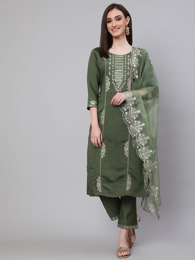 Green Embroidered Kurta Pant With Dupatta