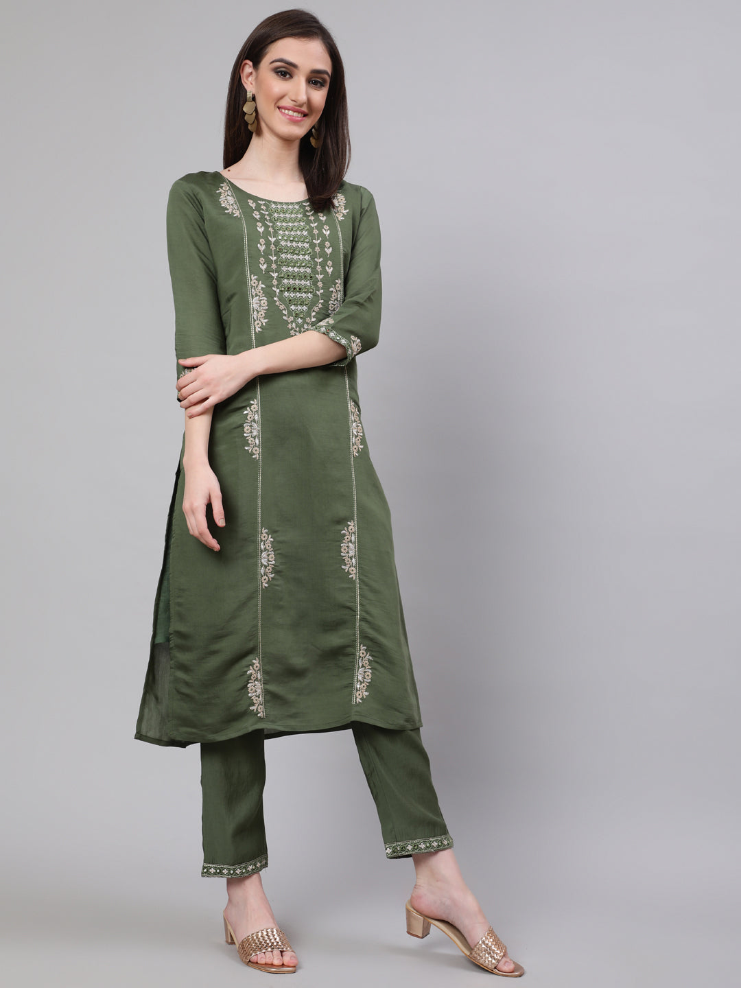 Green Embroidered Kurta Pant With Dupatta