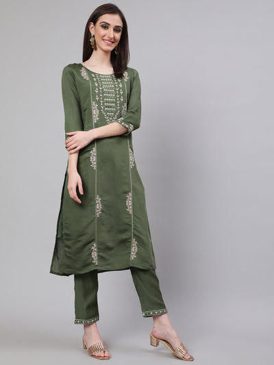 Green Embroidered Kurta Pant With Dupatta