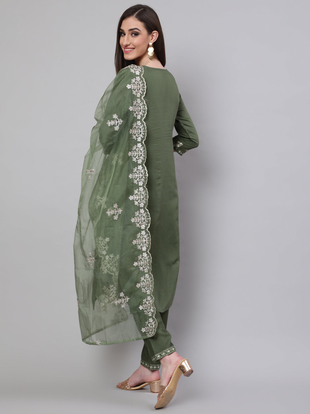 Green Embroidered Kurta Pant With Dupatta