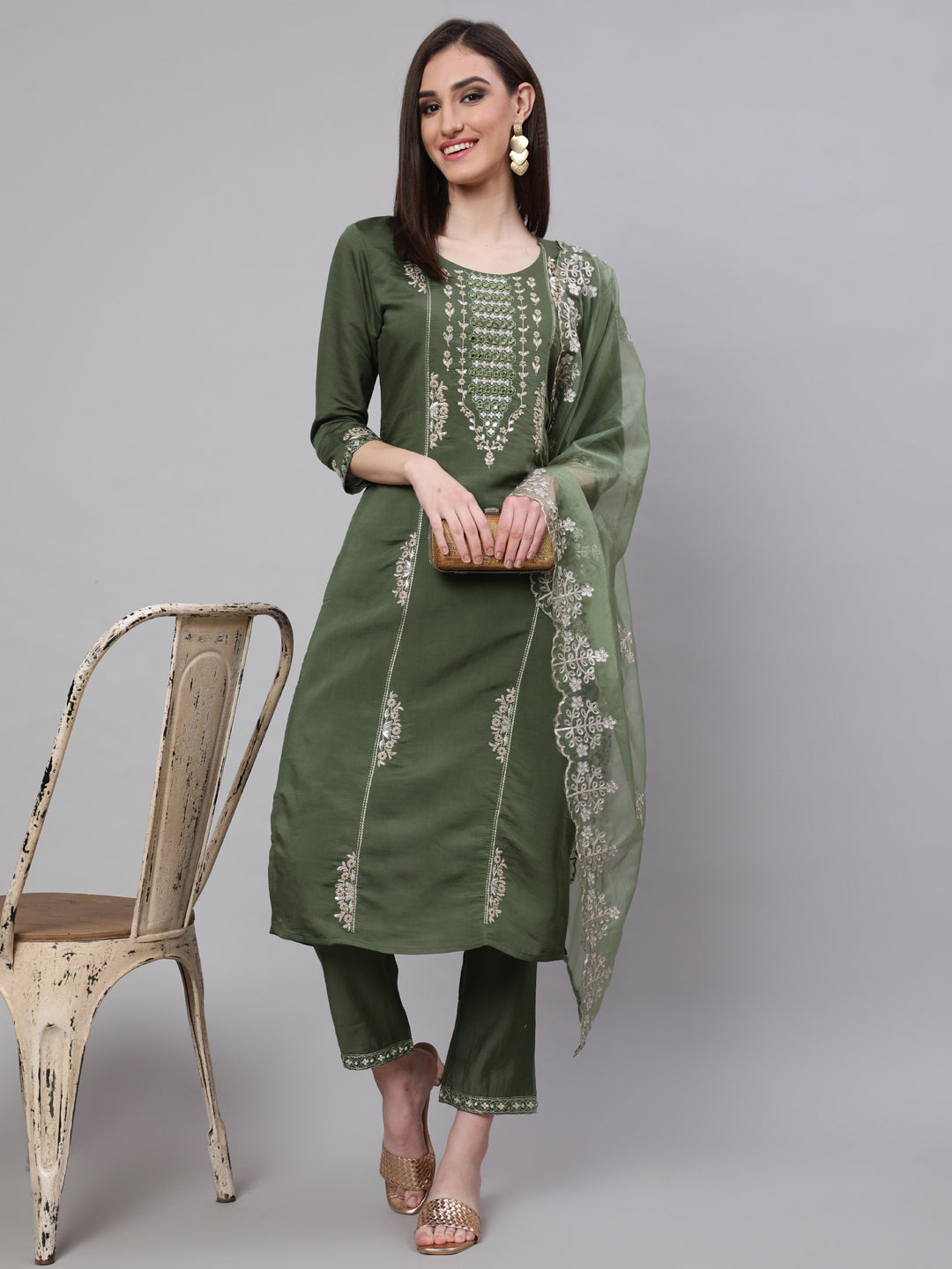 Green Embroidered Kurta Pant With Dupatta