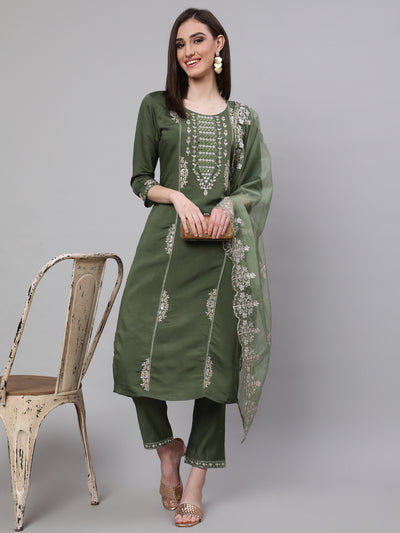 Green Embroidered Kurta Pant With Dupatta