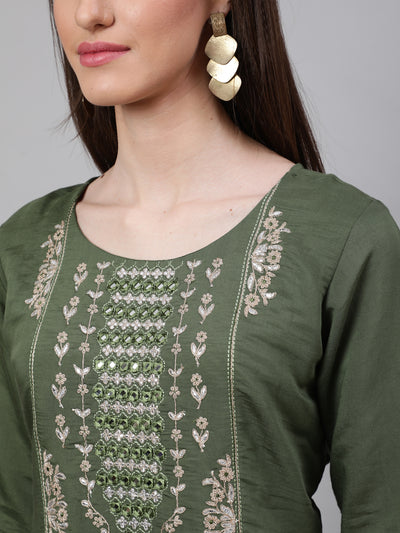 Green Embroidered Kurta Pant With Dupatta