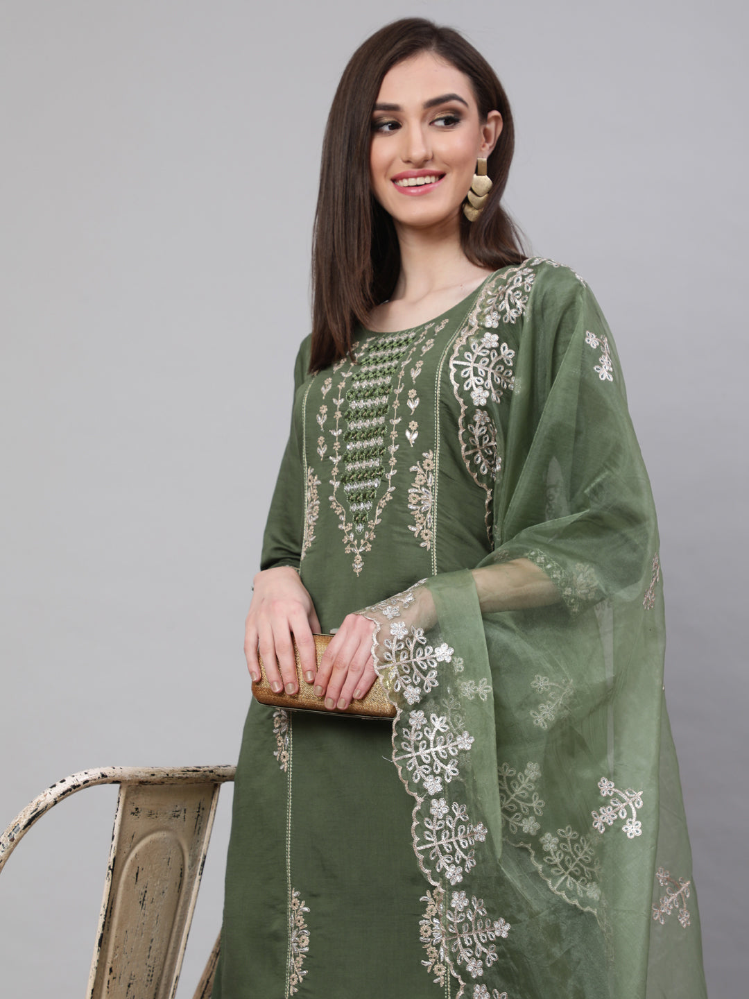 Green Embroidered Kurta Pant With Dupatta