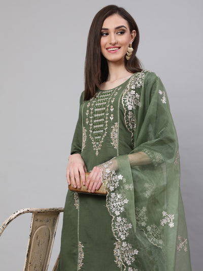 Green Embroidered Kurta Pant With Dupatta